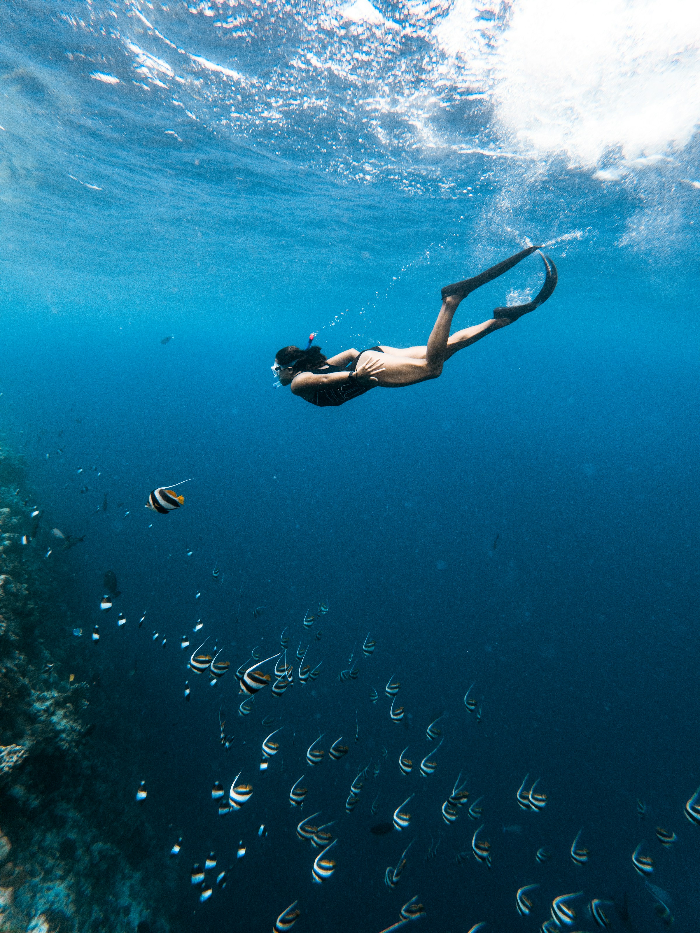 Woman swimming underwater in the Maldives.